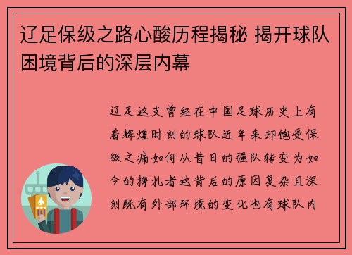 辽足保级之路心酸历程揭秘 揭开球队困境背后的深层内幕 辽足保级之路心酸历程揭秘 揭开球队困境背后的深层内幕
