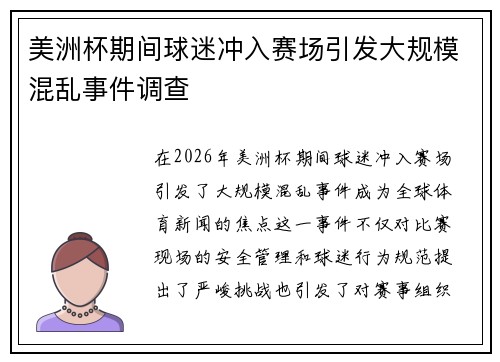 美洲杯期间球迷冲入赛场引发大规模混乱事件调查